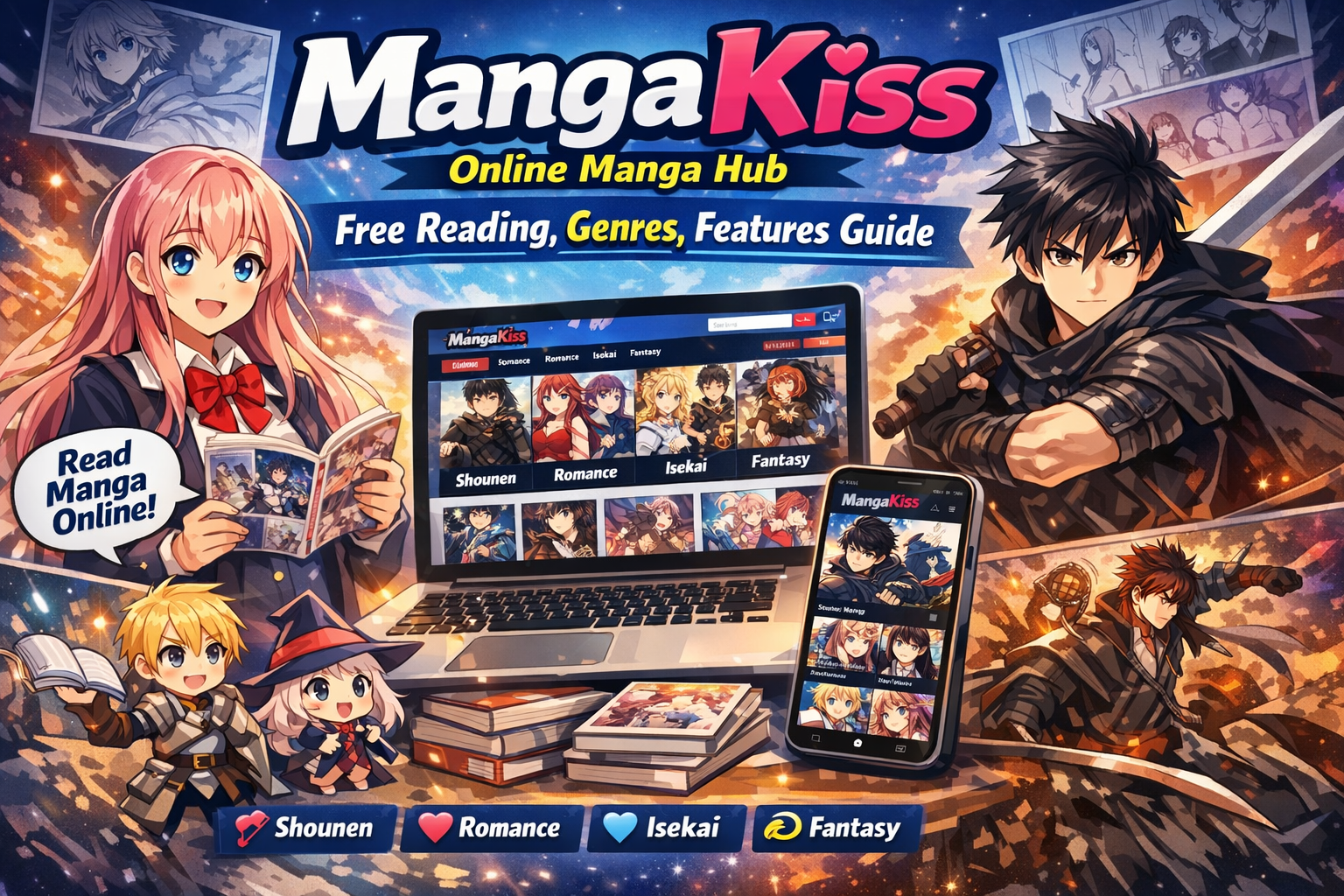 Mangakiss reading interface showing manga list and chapter viewer